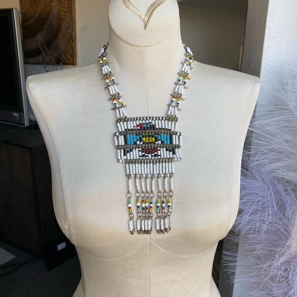Vintage 70s Native American Thunderbird Beaded Necklace fringe festival boho - Picture 5 of 10